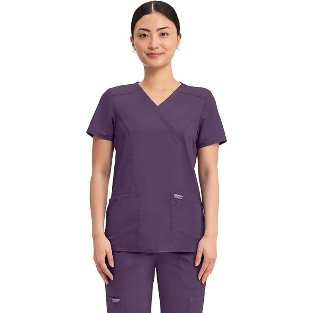 Cherokee Scrubs Top for Women Mock Wrap, 3 Pockets, Eggplant Purple, WW610, XL